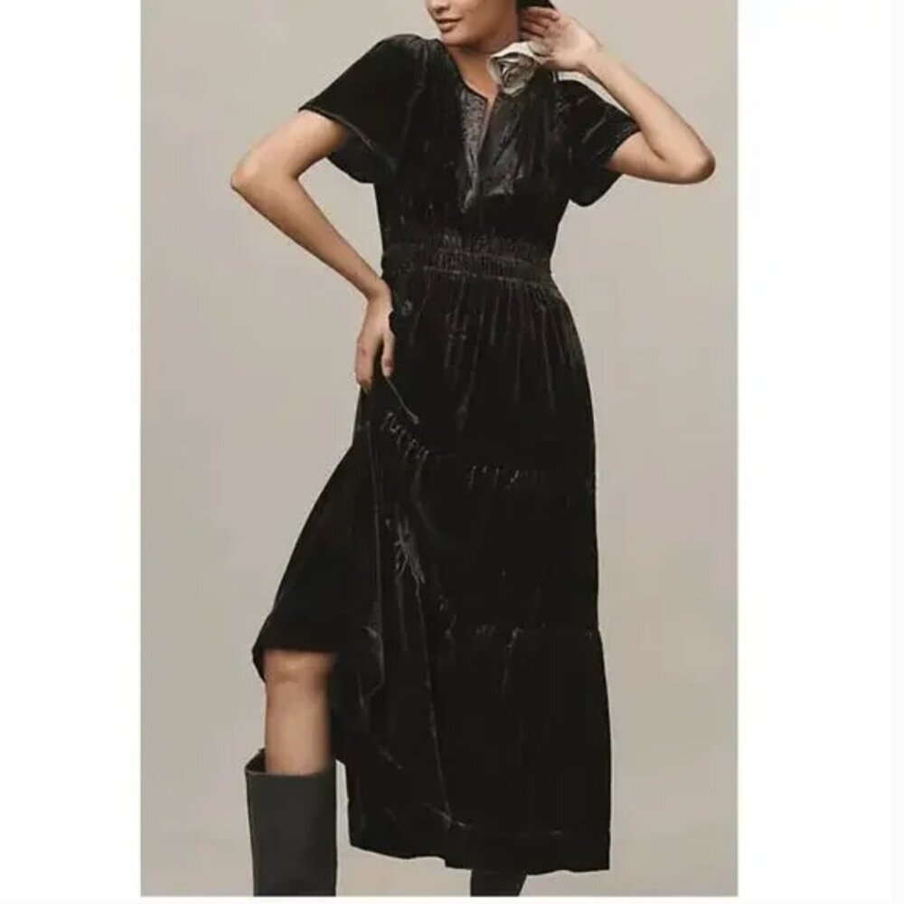 Anthropologie Somerset Velvet Dark Gray Gunmetal Maxi Dress Long Tiered XL - Picture 2 of 14